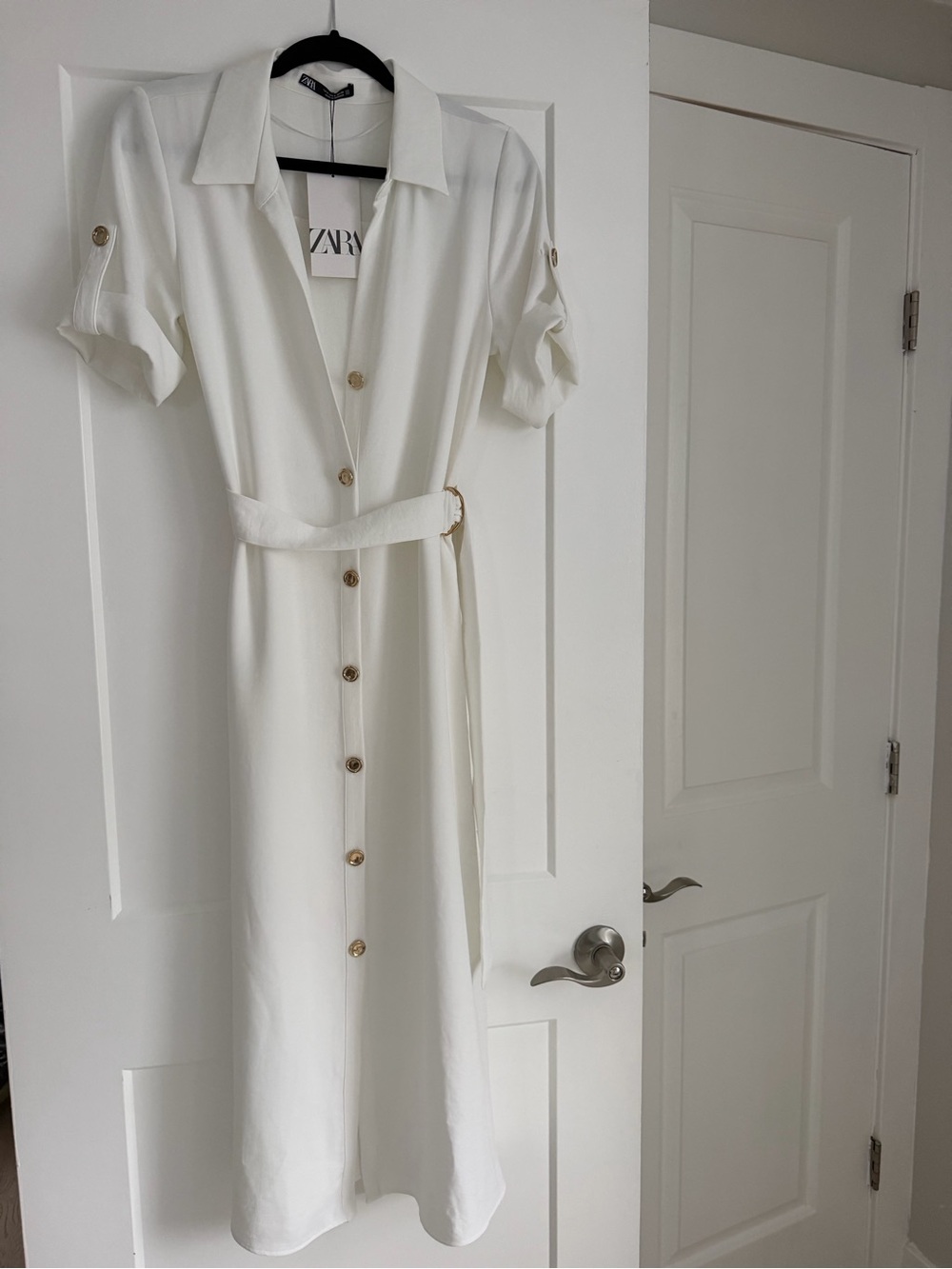 Zara Cream Button-Down Midi Shirt Dress with Belt